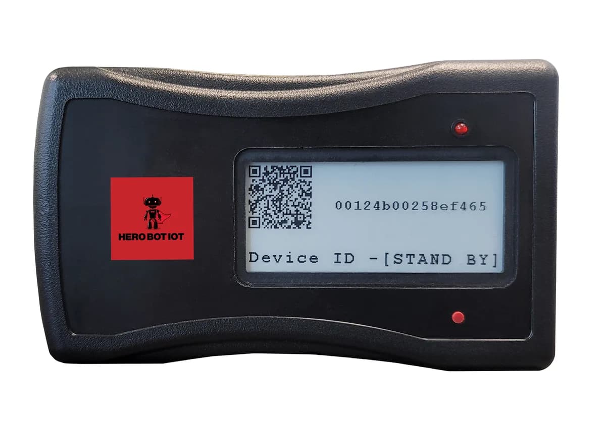 Hero Bot IoT device front view showing e-ink display in standby mode